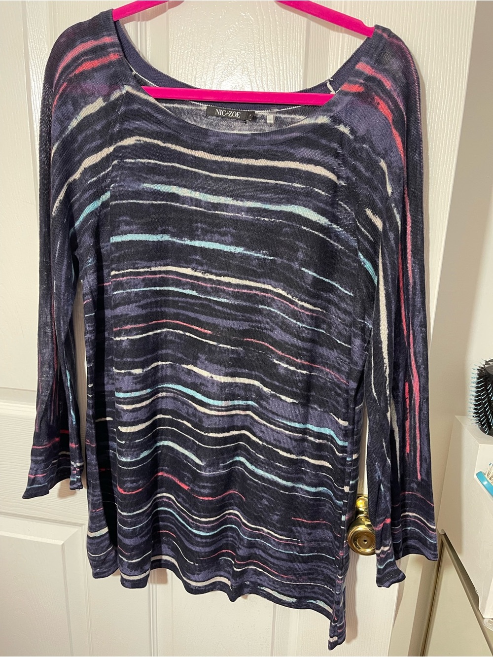 NIC+ZOE Navy Long-Sleeve Striped Lightweight Top